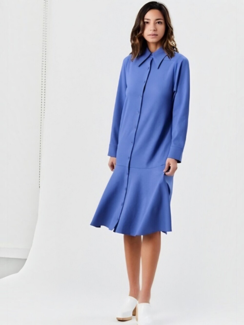 TIBI Blue Chalky Drape Fluted Twill Shirt Dress, 12 Sophisticated Relaxed - Picture 2 of 11